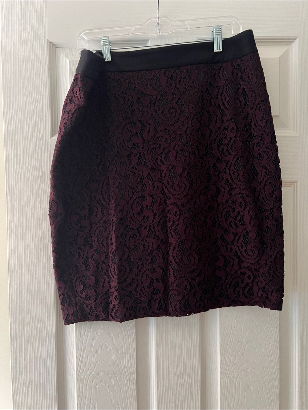 LOFT Burgundy/Black Lace Pencil Skirt with Black Waistband